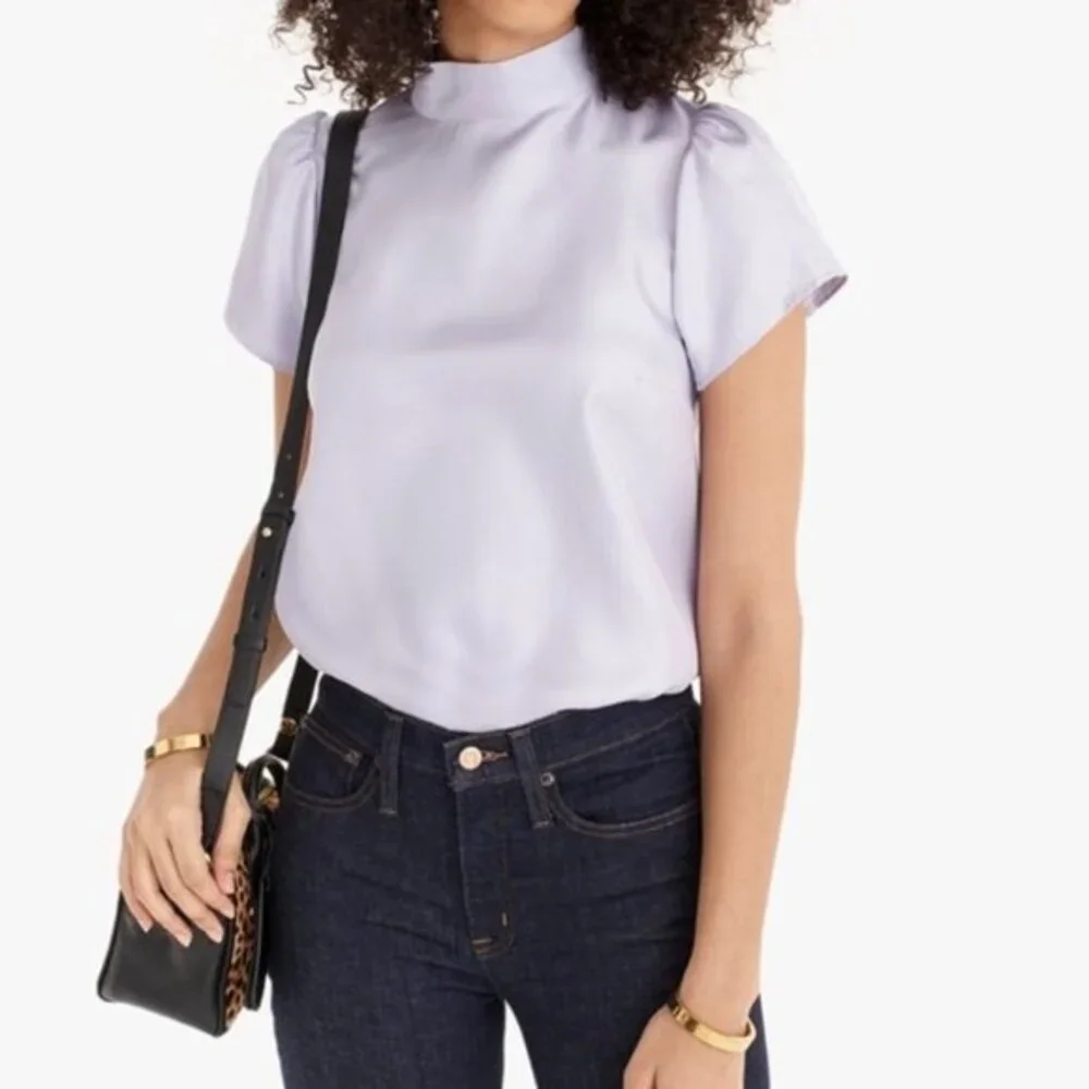 Purple J. Crew Collection Mock Neck Tie Neck Short Sleeve Blouse Top (NWT)